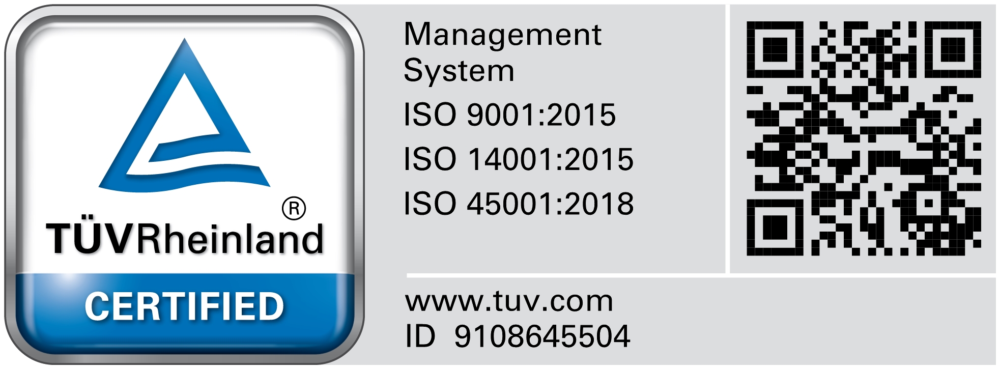 Certificação TÜV Rheinland ISO 9001:2015, ISO 14001:2015 e ISO 45001:2018 — ID 9108645504